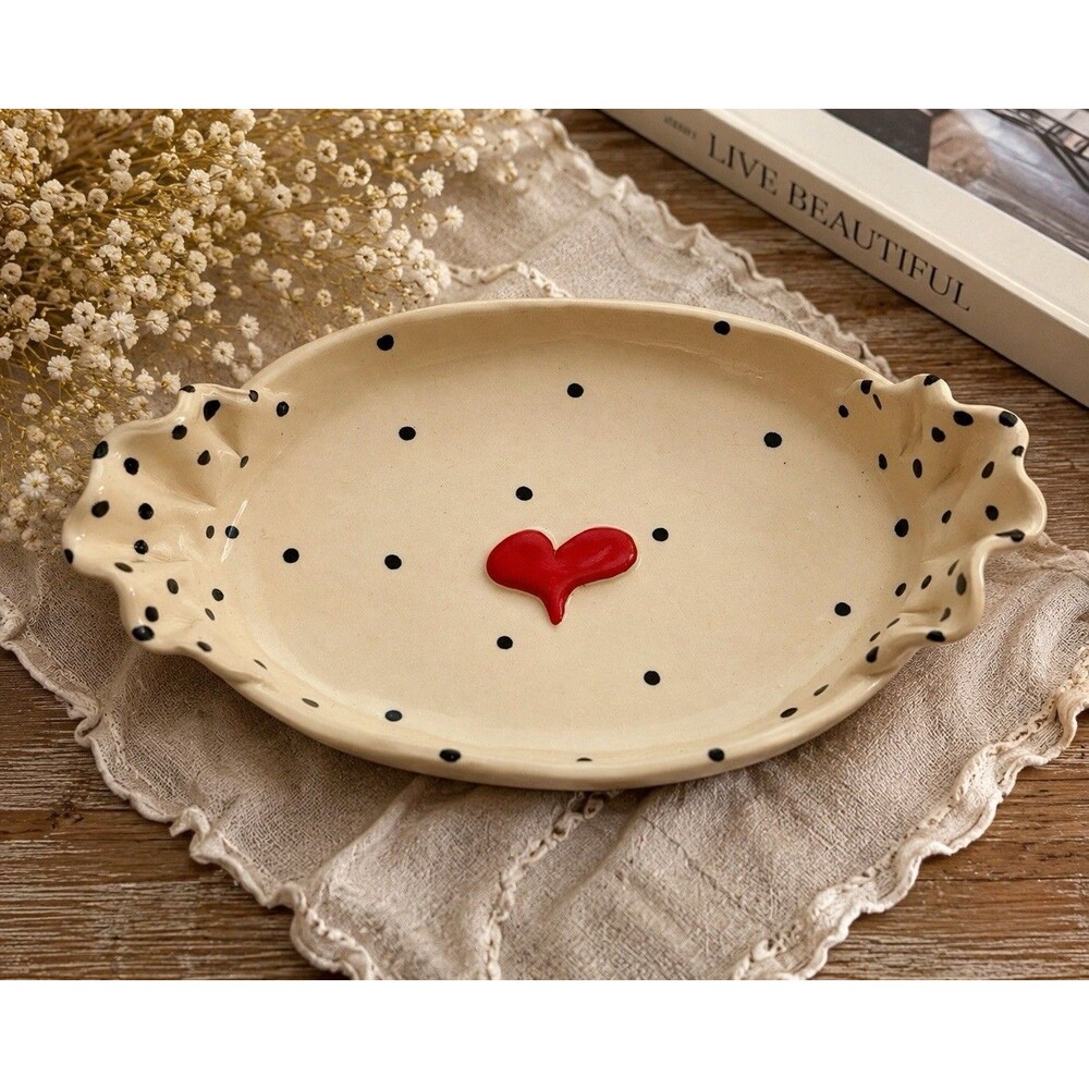 Signed Cindy Teyro Handmade Polka Dot Ceramic Trinket whimsical Cottagecore
